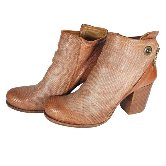 A.S.98 Women's 40 US9-9,5 Camel Distressed Leather Side Zip Heeled Ankle Boots - Picture 1 of 15